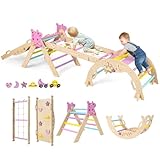FANTASK 7 in 1 Klettergerüst Indoor, Kletterdreieck mit Rutsche, Kletterbogen, Netz, inkl. doppelseitige Rampe, Baustein Set & 2 Autos, Einhorn Holz Kletterdreieck für Kinder ab 1 Jahr