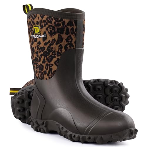 Trudave Rubber Boots for Women with Steel Shank, 6mm Neoprene Mid Calf Rain Boots, Waterproof Insulated Mud Work Boots All Season, Size 5-11