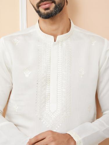 Image of See Designs Men's Long Sleeve Mandarin Collar Side Slit Off-White Embroidered Chanderi Silk Straight Kurta