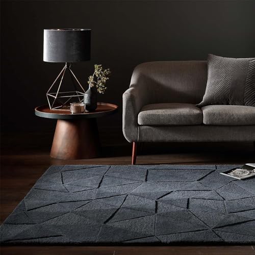 Image of Hand-Tufted Woolen Carpet for Living Room 6x9 feet Charcoal Geometric Loop Cut Pile Anti-Skid High Pile Thick Carpet & Rugs for Bedroom & Hall