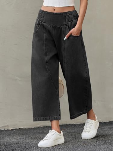 Cicy Bell Womens Wide Leg Cropped Jeans Baggy Boyfriend Smocked Mid Rise Harem Denim Pants2