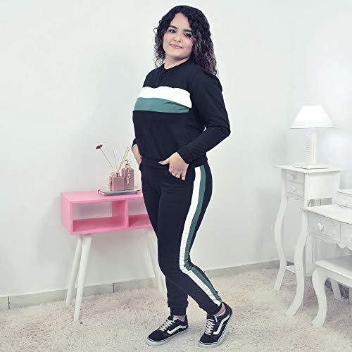 Conjunto Moletinho Feminino preto com detalhes no branco e verde