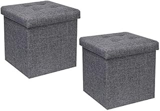 Bonlife Grey Ottoman with Storage Linen Foot Stool Foldable Reat Seat Toy Chest Folding Storage Boxes Fabric with Lid Pack of 2 (32X32X32cm)