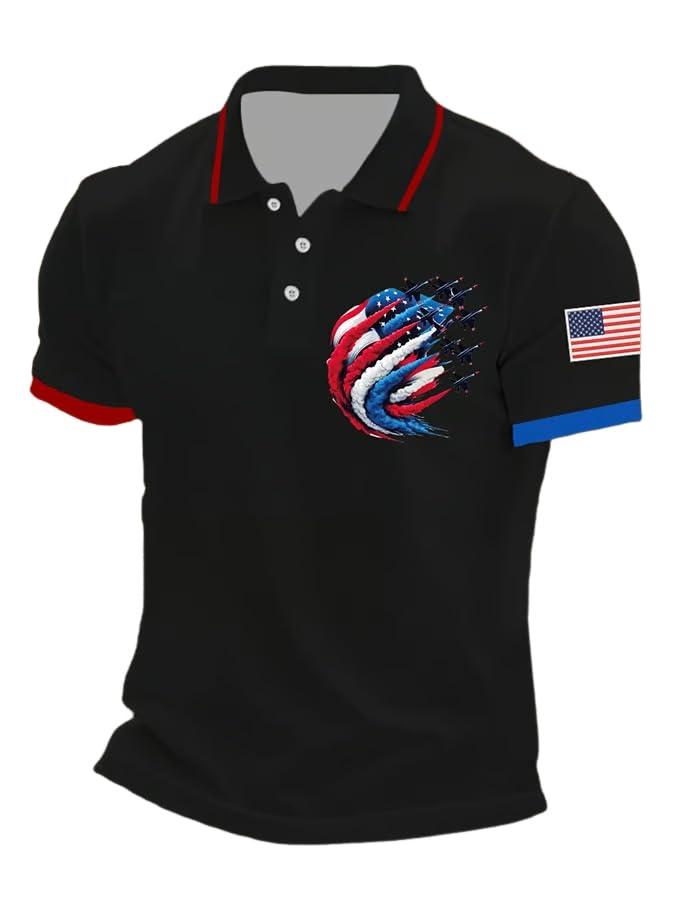 Men's Retro American Flag Jet Fighter USA Printed Polo Shirt