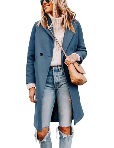 Tanming Women's Notch Lapel Double Breasted Wool Blend Mid Long Pea Trench Coat (Blue-M)