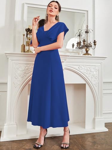 Image of Shasmi Women's & Girl's Solid A-Line Maxi Dress | V-Neck Pleated Bodice | Cap Batwing Sleeves | Fit & Flare Evening Gown (Dress 274)