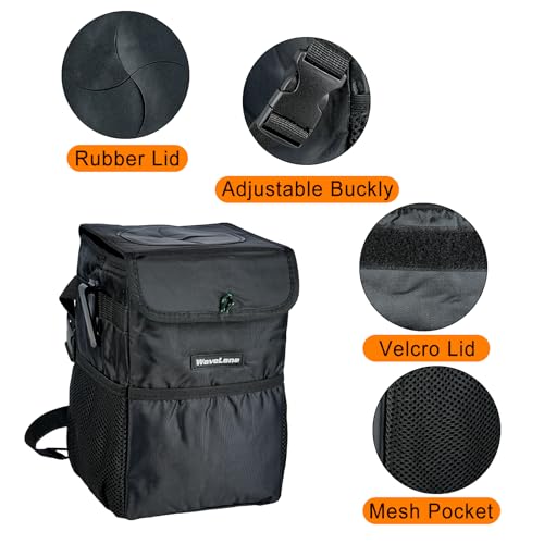 Image of Car Trash Can with Lid - Car Trash Bag Hanging Waterproof with Storage Pockets, Collapsible and Portable Multipurpose Trash Bin for Back /Front Seat /Console, 1.85 Gallons, Black