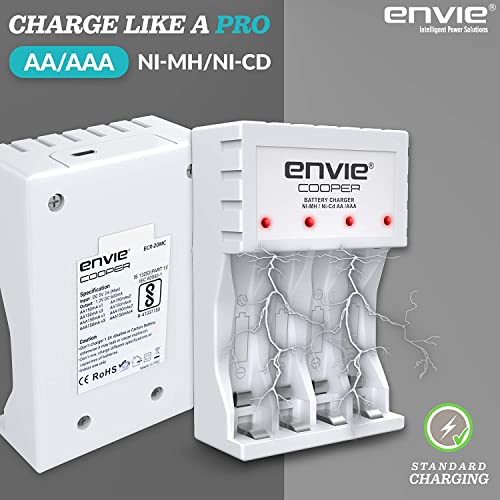 Image of ENVIE (ECR 20MC+2800+1100) Standard Charger ECR 20 MC for AA & AAA Ni-mh /Ni-Cd Rechargeable Batteries | LED Indicator | 600MA Output Current | with 2xAA2800 & 2xAAA1100 Rechargeable Batteries