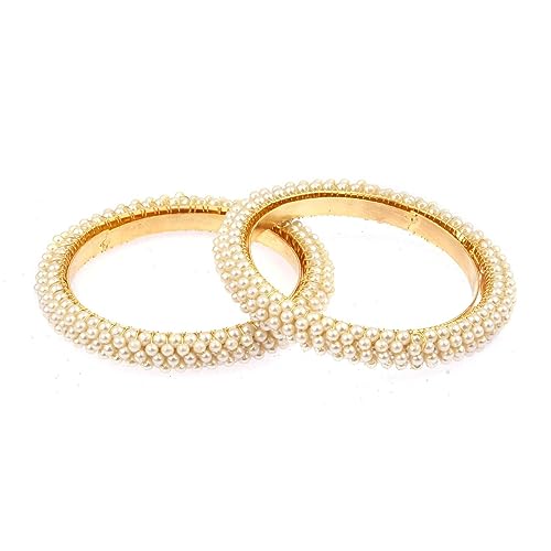 Efulgenz Indian Bangles for Women Pearl Beaded Bracelet Bollywood Traditional Faux Pearl Bangle Set Bridal Wedding Party Fashion Statement Jewelry for Women (2 Pcs)