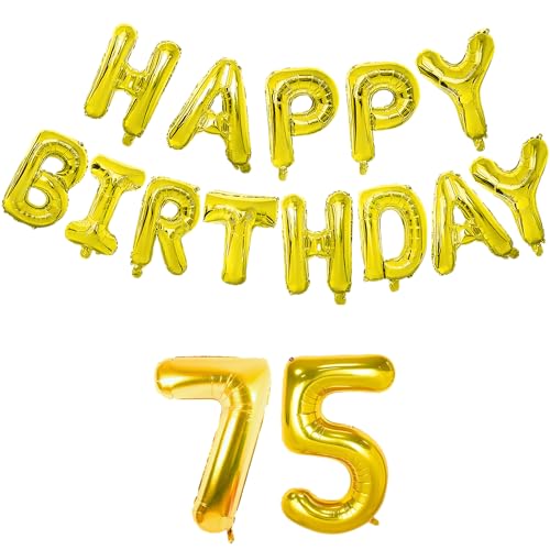 Image of Flyloons 75th Golden Colour Happy Birthday Foil Balloon Banner Set for 75 Year Old Men Women|with Number Seventy-five|13 Letters Reusable Happy Birthday Metallic Foil Balloons Decoration Kit, 15 Pcs