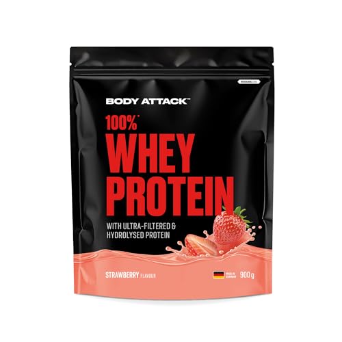 Body Attack 100% Whey Protein - Strawberry, 900 g - Made in Germany - extra cremiges Eiweißpulver mit Hydrolysat und BCAA´s, unterstützt Muskelaufbau und Diäten, für alle Sportler & Athleten