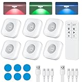 GODENBA RGB Puck Lights with Remote Control, Rechargeable Under Cabinet & Closet Lights, 1500mAh Battery, Dimmable Wireless Stick-On LED Lights with Timer for Kitchen, Closet, Shelf (6 Pack)