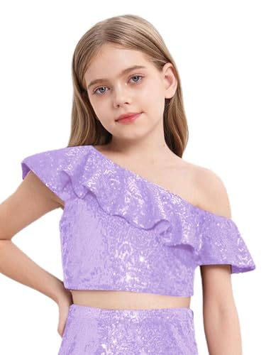 renvena Girls Sequin Ruffle Crop Top Sparkly One Shoulder Latin Jazz Modern Dance Cami Tank Tops3