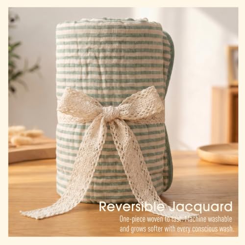 Image of Ultra Soft Muslin Baby Blanket - Made with Organic Cotton, Gender Neutral Sage Green Striped Jacquard, Swaddle & Crib Quilt, 43x43 Inches (Sage Green Stripes)