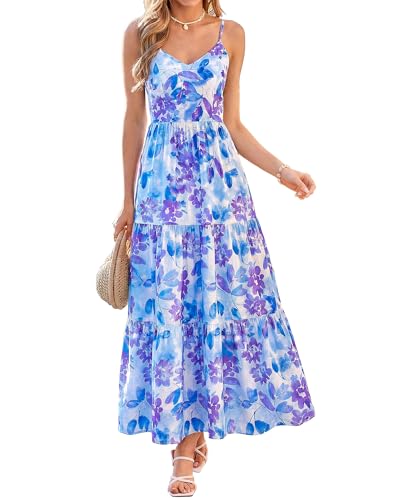Image of KIRUNDO Sundresses for Women 2026 Spring Summer | Boho Floral Print Hawaiian Style, Sleeveless Spaghetti Strap, With Pockets, Beach Vacation Cruise Flowy Maxi Dress