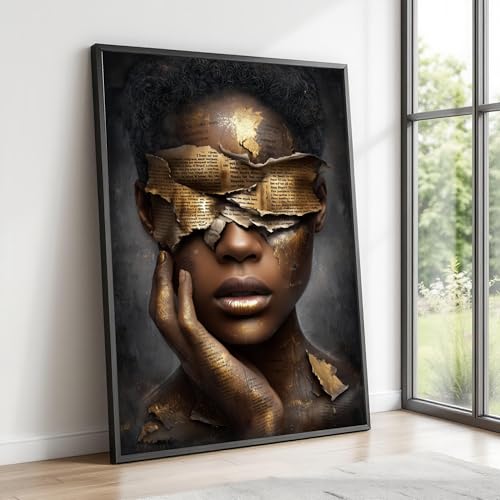 Art papier déchiré femme africaine toile contemporaine dorée XINBAO
