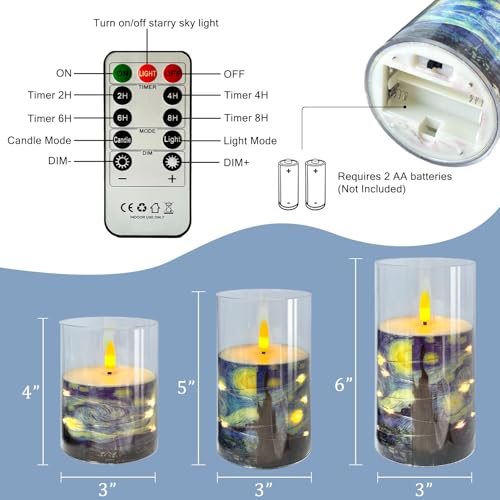 Image of Flickering Flameless Candles, Recessed String Light LED Candles Acrylic Battery Operated LED Pillar Candles Van Gogh Art Painting Style for Home Decor Set of 3(Starry Night Printed)