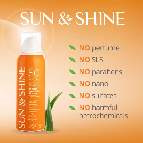 Sun & Shine Mineral Sunscreen Mousse: Spf50 Broad Spectrum Uva Uvb, Face Body Protection, Sunburn Spray Zinc Oxide, Sensitive Skin, 3.4 Oz #TOP1