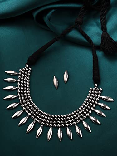 Women's Plated Geometric Choker Necklace Set, Oxidised Style