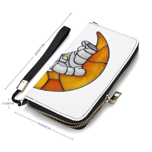 Cute Astronaut Sitting on Crescent Moon PU Leather Clutch Long Bifold Wallet, Coin Purse Credit Pass Case, Durable Card-Holder Money Storage for Women Men2
