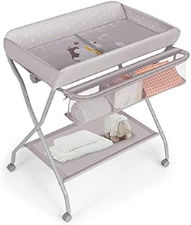 GYMAX Foldable Baby Changing Table, Rolling Infant Care Station with Storage Basket and Rack, Newborn Bath and Massage Table for 0-12 Month (Grey)