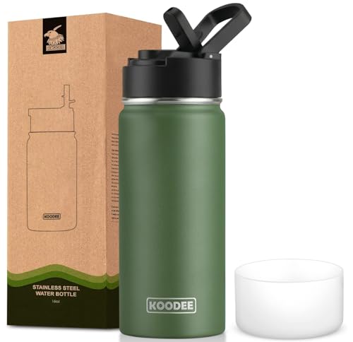 Image of koodee Water Bottle-16 oz Stainless Steel Double Wall Vacuum Insulated Sports Water Bottle with Straw for Girls and Boy (Grass Green)