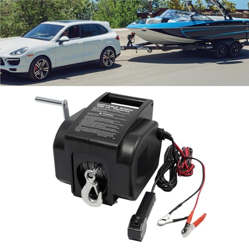 ZERNEIL Electric Boat Winch, 2000 lbs Portable Trailer Winch 12V, 300W Permanent Magnet Motor Reversible Boat Winch with Wireless Remote Control and Hand Crank
