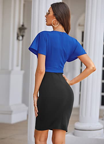 Vintage Pencil Dress For Women Office Professional Midi Patchwork Bodycon Pencil Dress Royal Blue L #TOP4