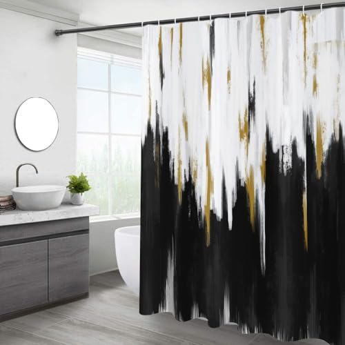 Caheansi Black and White Shower Curtain Black White Gold Brush Strokes Graffiti Oil Painting Modern Art Abstract Bathroom Curtain Waterproof Fabric Machine Washable with Hooks 72 Wx72 L