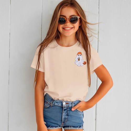 Image of Ritatte Kids Halloween Shirt Girls Boys Ghost Coffee Pumpkin T-Shirt Funny Graphic Spooky Season Short Sleeve Tee Tops 7-12Y