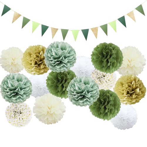 TYXHXTF 16 unidades Pompons de papel verde sálvia, Pompons Papier de Soie, bandeiras decorativas, flores de papel decoração para casamento, batizo menina menino, Fête d'Anniversaire