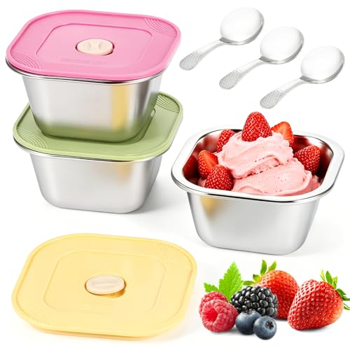 OXENKA 3er-Set Eisbehälter für Speiseeis 400 ml Edelstahl-Eisbecher mit Deckel und 3 Löffeln wiederverwendbare Gefrierbehälter zur Aufbewahrung von Gelato Frozen Yogurt Sorbet Obst und Kuchen