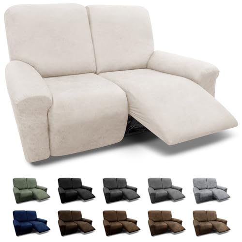 Pfrstuv Loveseat Covers 6-Pieces Loveseat Recliner Cover 2 Seater Cover for Reclining Loveseat Cover Leather Look Recliner Slipcovers with Pockets Spandex Furniture Covers(Recliner Loveseat, Beige)