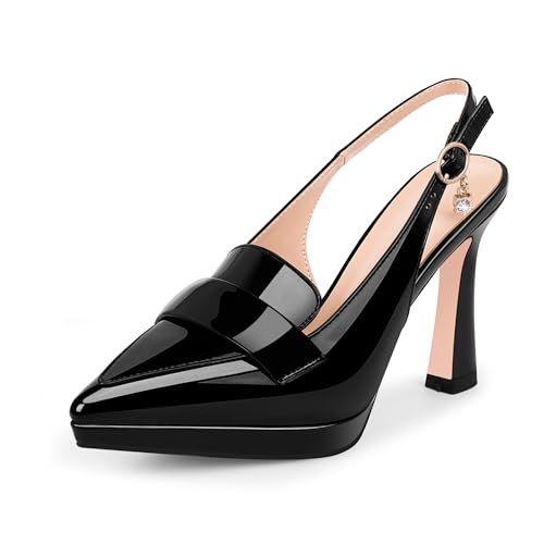 Women's Slingback High Heel Pointed Toe Platform Pumps Buckle Strap Patent Leather Dress Shoes