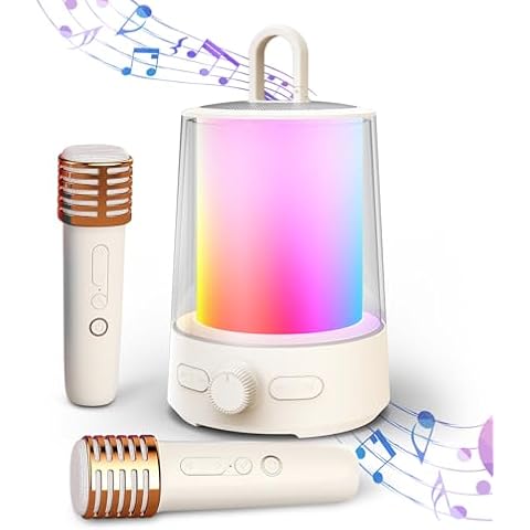 Tixahi Karaoke Machine for Adults, Portable Bluetooth Speaker with Two Wireless Microphones, Supports FM/AUX/USB (Beige) Cover