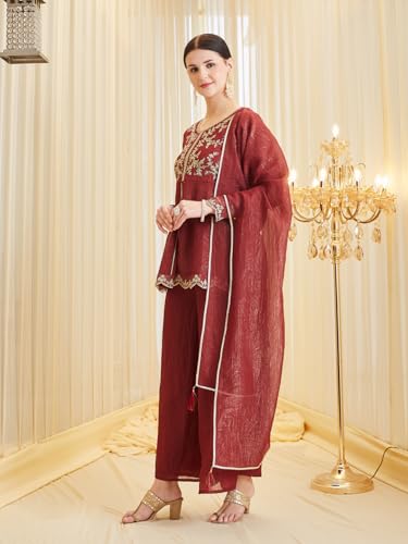 Image of MOKOSH Women's Silk Embroidered Peplum Kurta Sharara with Dupatta | Kurta Set | Ethnic Wear |Round Neck Full Sleeve Kurta | 3 Piece Outfit |Embroidered