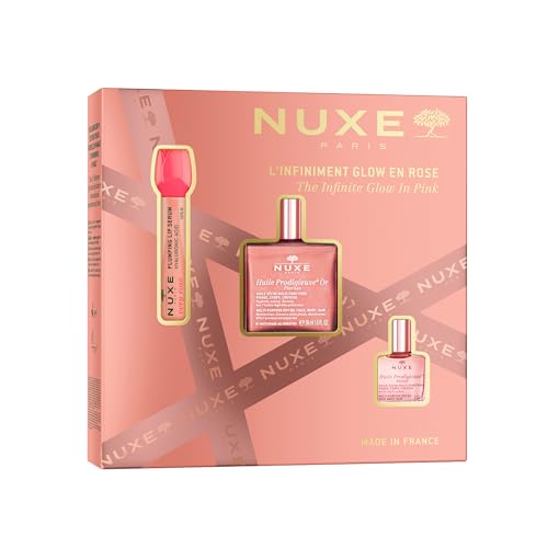 Nuxe The Infinite Rose Gold Glow Set de regalo (valor de £49.17) – Aceite seco brillante floral 50 ml, Huile Prodigieuse Florale 10 ml y suero labial voluminoso 8 ml – Trío radiante para el cuidado de