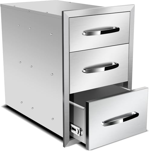 Image of Outdoor Kitchen Drawers 14'' W x 21'' H x 21'' D, Flush Mount Triple Access BBQ Drawers for Outdoor Kitchens or BBQ Island Patio Grill Station, Silver
