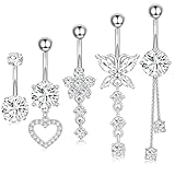 ZHITENG 5 Pièces Piercing Nombril Acier Chirurgical, Belly Button Rings Pendentif Long, Piercing Nombril Acier Inoxydable Comprend des Formes de Papillon, de Fleur et de Cœur(Argent)