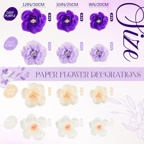 Image of Cholemy 24 Pcs Tissue Paper Flowers, Crepe Paper Flowers Decorations 8 inch 10 inch 12 inch for Wedding Party Baby Bridal Shower Carnival Party Birthday Nursery Wall Decor (Purple,Light Purple,White,Beige)
