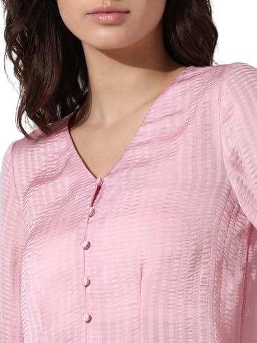 Image of ONLY Women Polyester Regular Self Design V-Neck Puff Sleeves Shirt Style Top