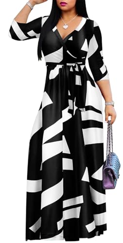Image of Women's Floral Maxi Dress Summer Casual V-Neck 3 /4 Sleeve Long Bohemian Print Evening Party Dress