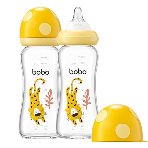 Image of YOHKOH Natural Glass Baby Bottle with Level 2 Medium Flow Nipple, Newborn Anti-Colic Baby Bottles, Wide Neck Mushroom Baby Glass Bottle (8.8ounce (Pack of 2), Yellow2)