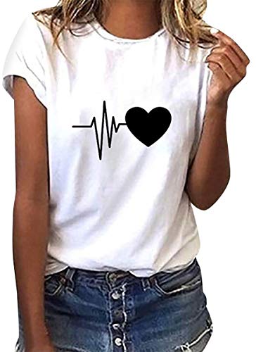 heekpek Camisetas Mujer Verano Manga Corta Casual Camiseta Holgada Estampado con Amor y Smile T Shirt Mujer Multicolor Short Sleeve Shirt, Blanco, M