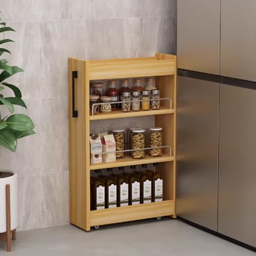Estante de almacenamiento de 3 niveles delgado con ruedas, carrito de cocina de MDF con estante estrecho para comedor y restaurante (nogal claro, 7.8 x 21.6 x 31.6 pulgadas)
