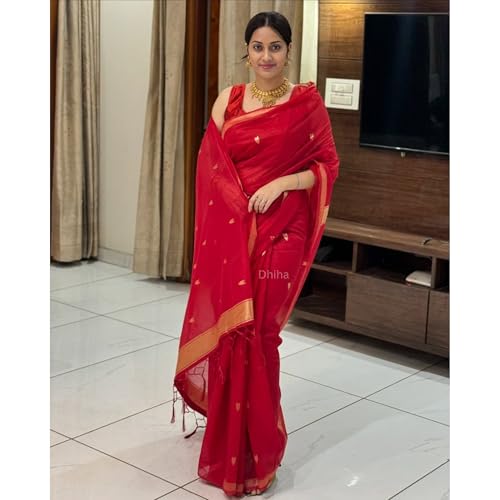 Image of Original Maheswari Cotton Silk Saree for Women | Kanjivaram Pure Silk Cotton Sari with Blouse | Zari Work | Tassels | Handloom Weave