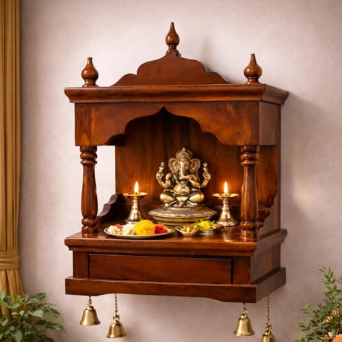 Image of Solid Sheesham Wood Wooden Mandir for Pooja Home Decoration Wall Mounten Beautiful Temple (Hight 75 X 42 X 28 CM)