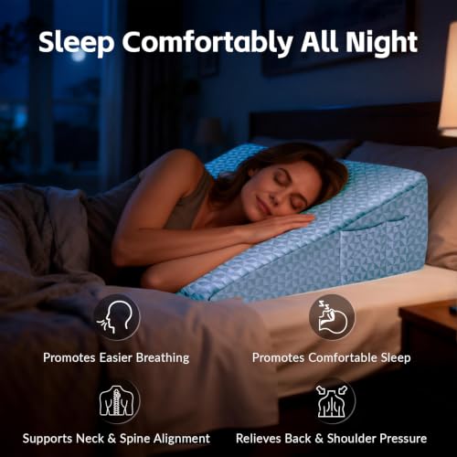 Image of 12 inch Wedge Pillow for Sleeping, Bed Wedge After Surgery, Back Pain Relief, Memory Foam Pillow Triangle Incline Wedge for Back Support, Leg Elevation (Blue)