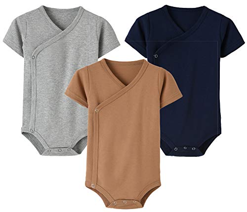Image of SUYEORLI Baby Boys Girls 3-Pack Side Snap Bodysuit Cotton Short Sleeve Soild Kimono Shirt Tops 0-12 Months