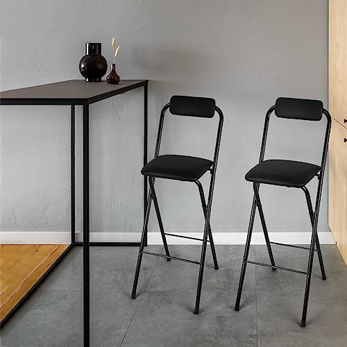 Image of Thyle 2 Pcs Folding Bar Stool with Backrest, Tall Foldable Stool Chair Portable High Folding Bar Chair Counter Height Seat Leather Padded for Kitchen Island Shop Cafe Dining Room Black (29.5 Inch)